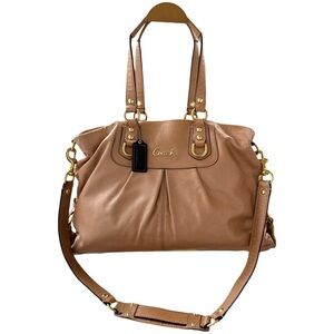 Coach Ashley Champagne Tan Leather Carryall 2 Way Satchel Pleated Bag